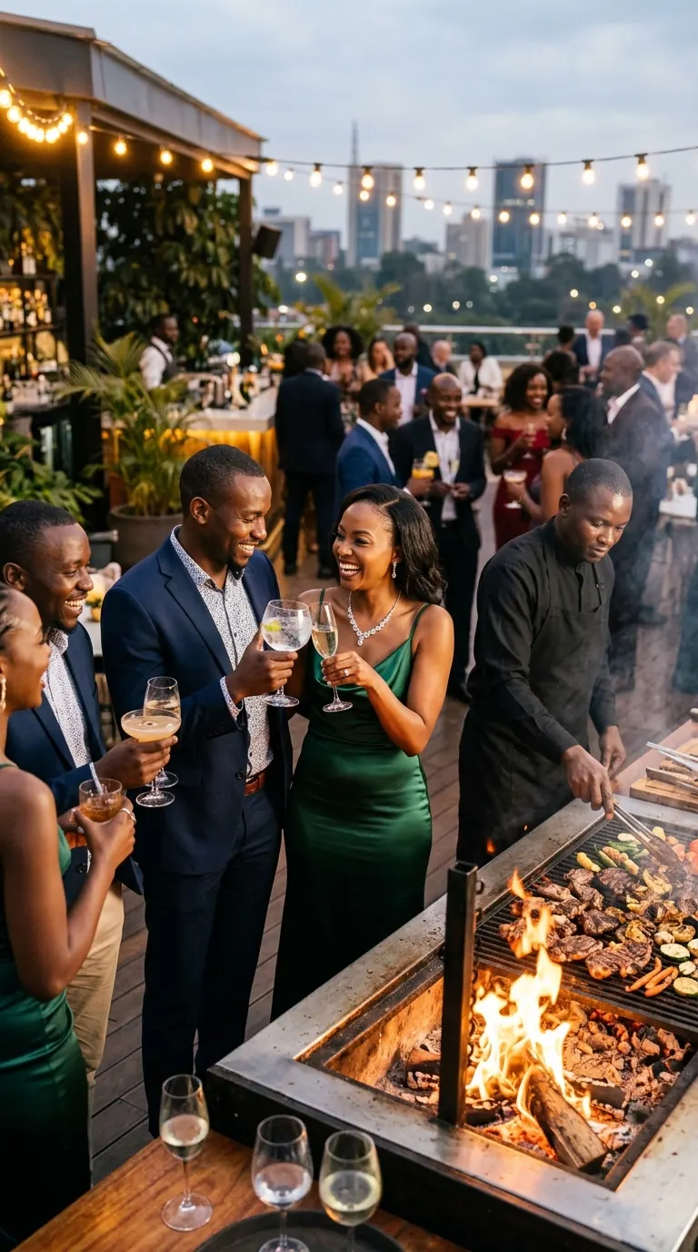 The Inferno Executive Banquet — Whole Lake Victoria Tilapia, flame-grilled Chicken Tikka, and Swahili Biryani with live pitmaster carving for 180 guests in Runda.