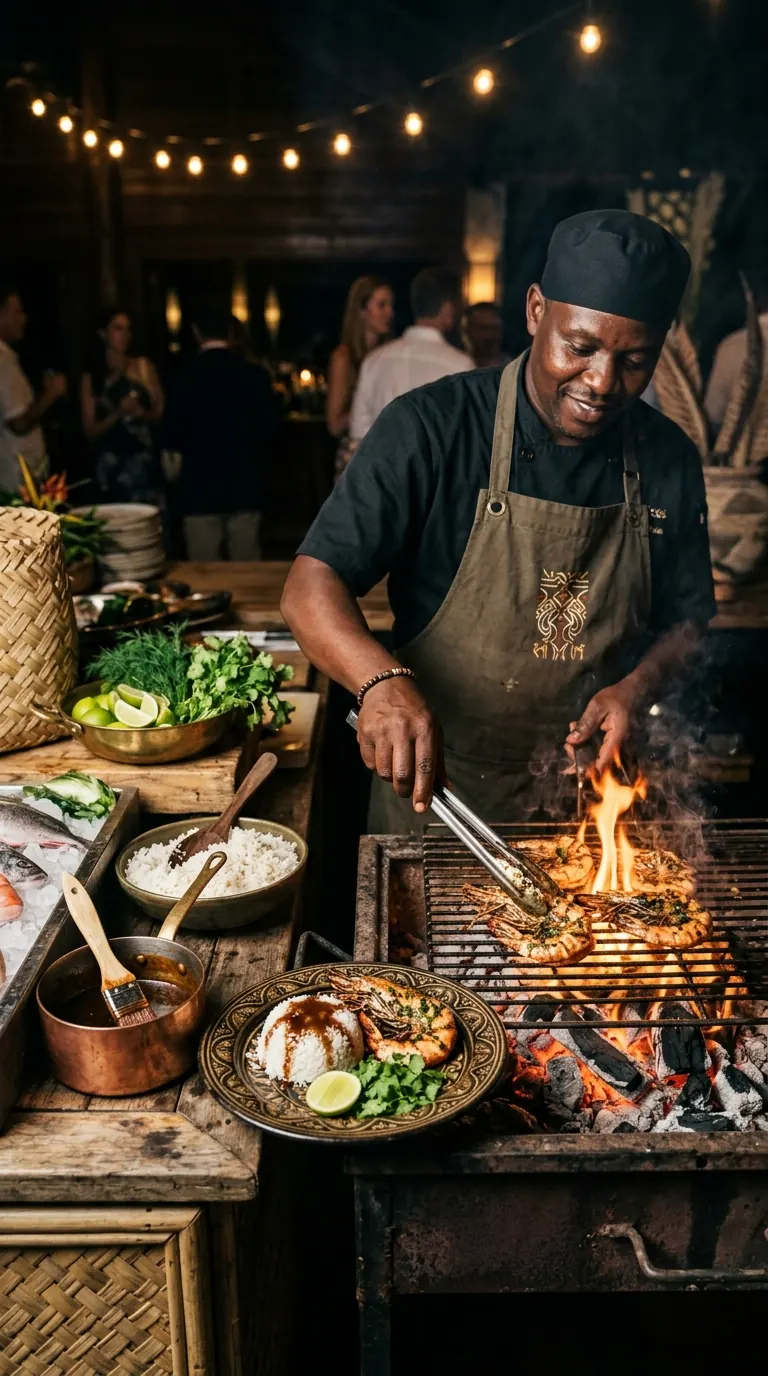 The Blaze Live-Fire Spread — Charcoal-grilled whole Victoria tilapia and tandoori garlic naans at Karen Botanical Garden wedding.
