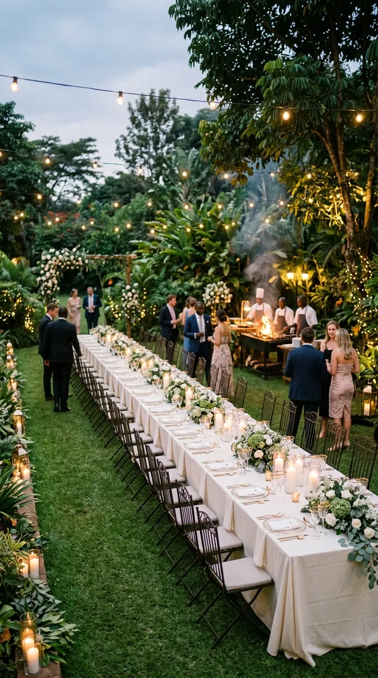 A candlelit garden wedding banquet — an elegant Kenyan outdoor reception with a live-fire station at dusk.