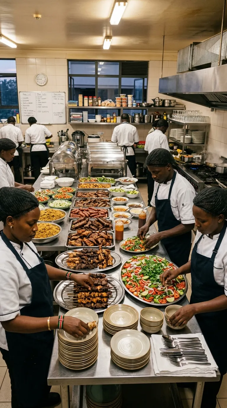 Before guests arrive: the Dau kitchen brigade prepares a generous Kenyan banquet with precision, pace, and care.