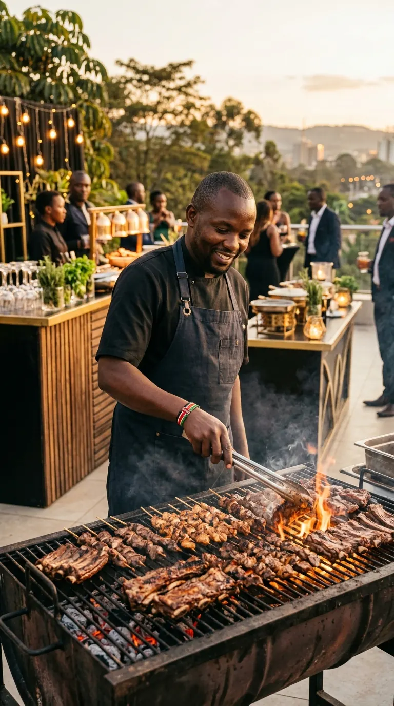Live-fire at sunset — a Dau Grill House pitmaster tending charcoal-grilled ribs, chicken skewers, and nyama choma for a Nairobi celebration.