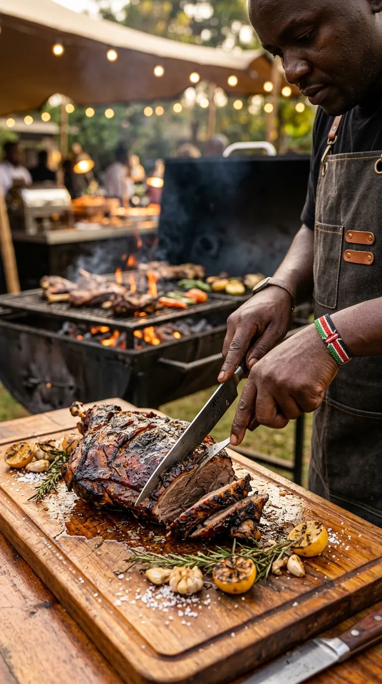 The Sultan Carvery — Whole slow-roasted Mbuzi Choma carving rig with rosemary charcoal smoke for a Muthaiga Ruracio ceremony.
