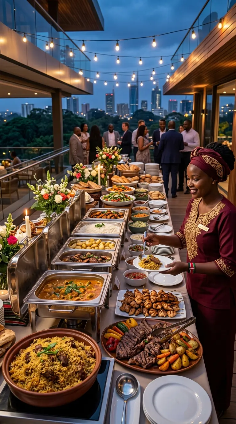 An abundant Nairobi rooftop buffet: pilau, grilled meats, fresh salads, and full-service hospitality for corporate guests.