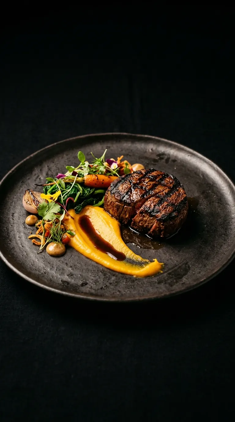 Signature charcoal-grilled beef — a refined plated course with silky pumpkin purée, Kenyan greens, and a deep pan jus.