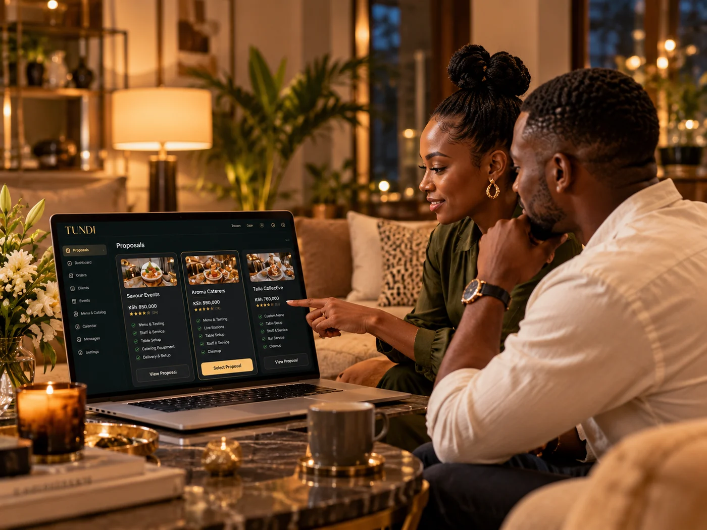 Brand illustration of a couple discussing catering proposals at home.