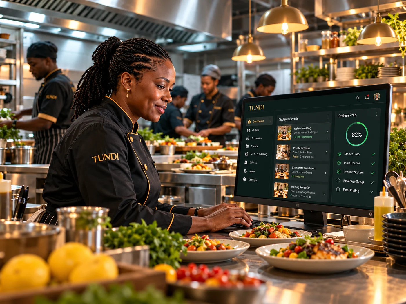 Brand illustration of a chef coordinating her team in a working kitchen.