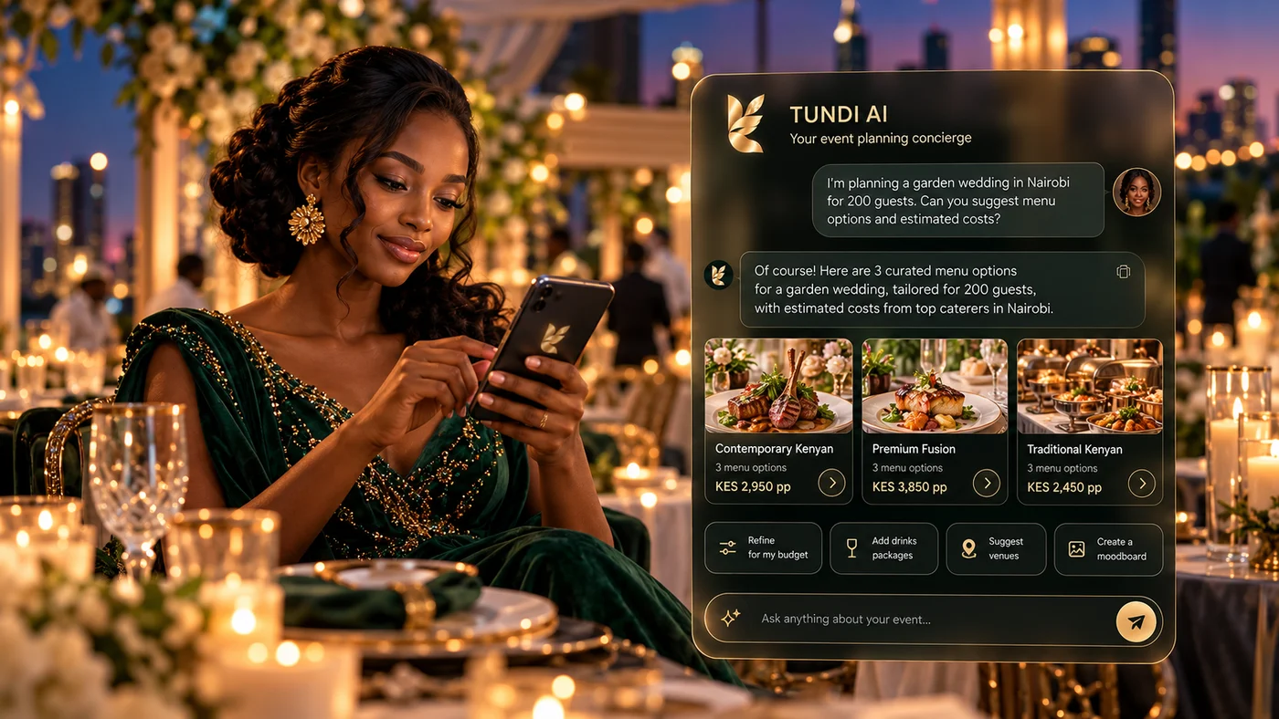 Concept illustration of a host considering her plans in a candlelit garden celebration.